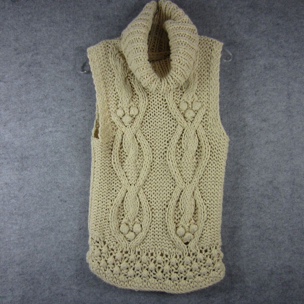 Hazel Sweater Vest Womens Cream Beige Large Cable Knit Cowl Turtleneck Winter